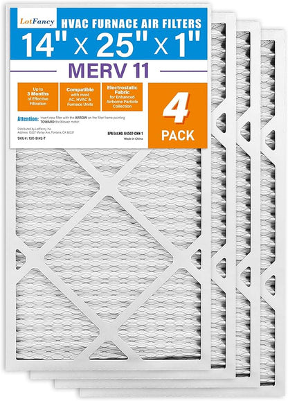 LotFancy 14x25x1 Air Filter MERV 11 4-Pack, Electrostatic Pleated AC Furnace Air Filter, Captures Dust, Smog & Pet Dander, Actual Size: 13.75"x24.75"x0.75"