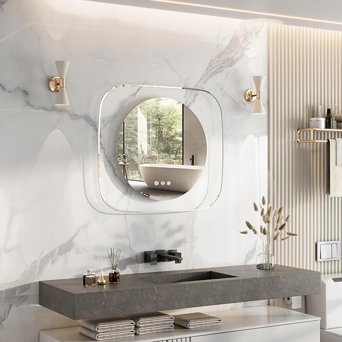 LUVODI Lighted LED Bathroom Mirror: 28”x32” Transparent Wall Mounted Vanity Mirror with Bright Back Lit - Illuminated Dimmable 3 Colors Mirrors with Smart Memory Form Anti-Fog for Bathroom