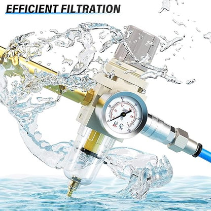 TAILONZ PNEUMATIC 1/4 Inch NPT Air Filter Pressure Regulator Combo Piggyback, 5 Micron Brass Element Air Tool Compressor Filter with Gauge AW2000-02,with Red Handle Ball Valve