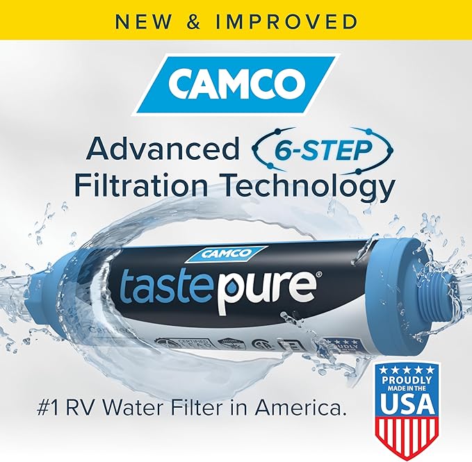 Camco Tastepure XL RV Water Filter - Reliable RV Inline Water Filter with Flexible Hose Protector - GAC & KDF Water Filtration - Made in USA - Camping Essentials for Fresh Drinking Water (40019)