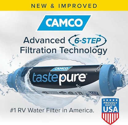 Camco Tastepure XL RV Water Filter - Reliable RV Inline Water Filter with Flexible Hose Protector - GAC & KDF Water Filtration - Made in USA - Camping Essentials for Fresh Drinking Water (40019)