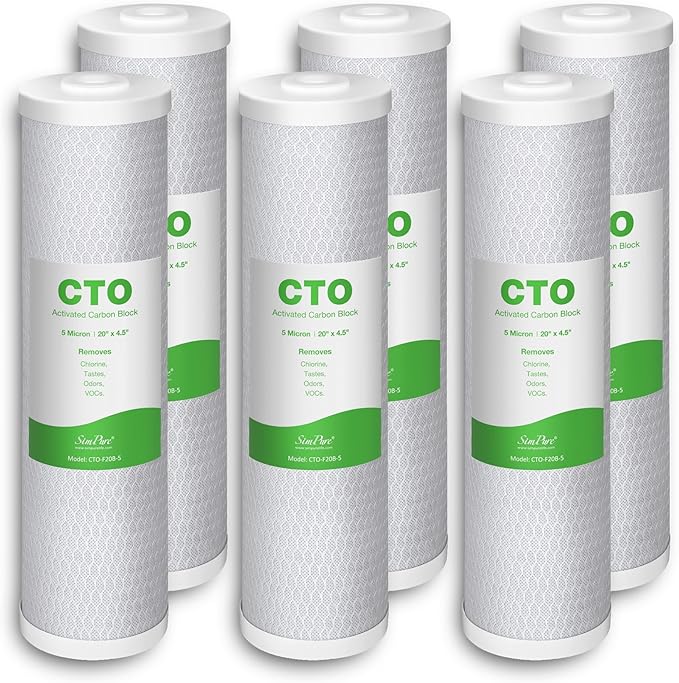 SimPure Whole House Water Filter Cartridges 5 Micron 20" x 4.5" CTO Activated Carbon Block, For DB20P, FC25B, CTO20BB, WHB20, 6 Pack