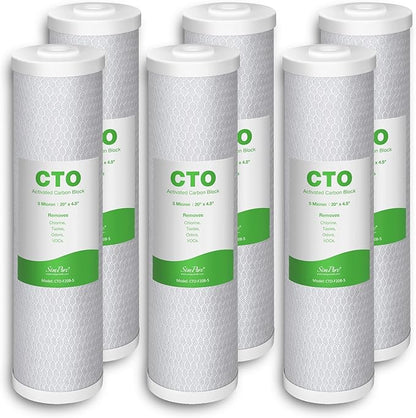 SimPure Whole House Water Filter Cartridges 5 Micron 20" x 4.5" CTO Activated Carbon Block, For DB20P, FC25B, CTO20BB, WHB20, 6 Pack
