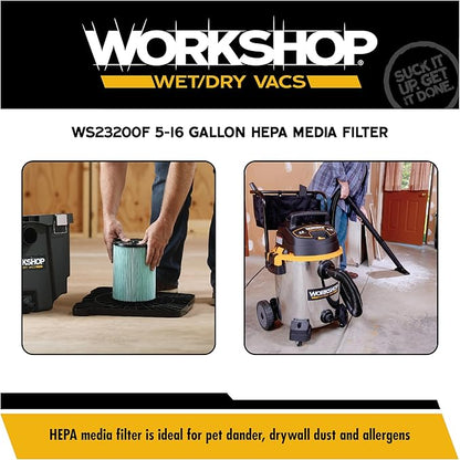 WORKSHOP Wet/Dry Vacs Vacuum Filters WS23200F HEPA Media Filter For Shop Vacuum Cleaner (Single HEPA Media Filter For Wet/Dry Vacuum Cleaner) Fits WORKSHOP 5-Gallon to 16-Gallon Shop Vacuum Cleaners