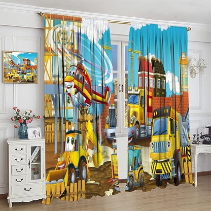 Kids Cartoon Construction Window Curtains, Funny Construction Site Cars and Helicopter Rod Pocket Decorative Windows Curtain for Children Teens Room Decor 63x72in (30% Blackout)