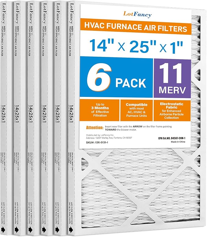 LotFancy 14x25x1 Air Filter MERV 11 6-Pack, Electrostatic Pleated AC Furnace Air Filter, Captures Dust, Smog & Pet Dander, Actual Size: 13.75"x24.75"x0.75"