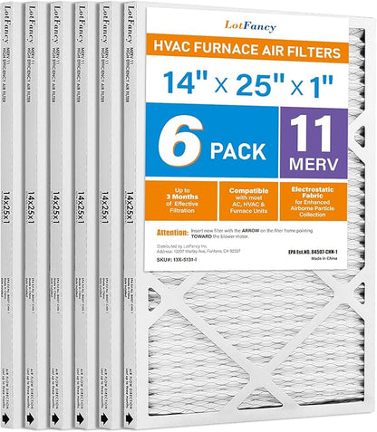 LotFancy 14x25x1 Air Filter MERV 11 6-Pack, Electrostatic Pleated AC Furnace Air Filter, Captures Dust, Smog & Pet Dander, Actual Size: 13.75"x24.75"x0.75"