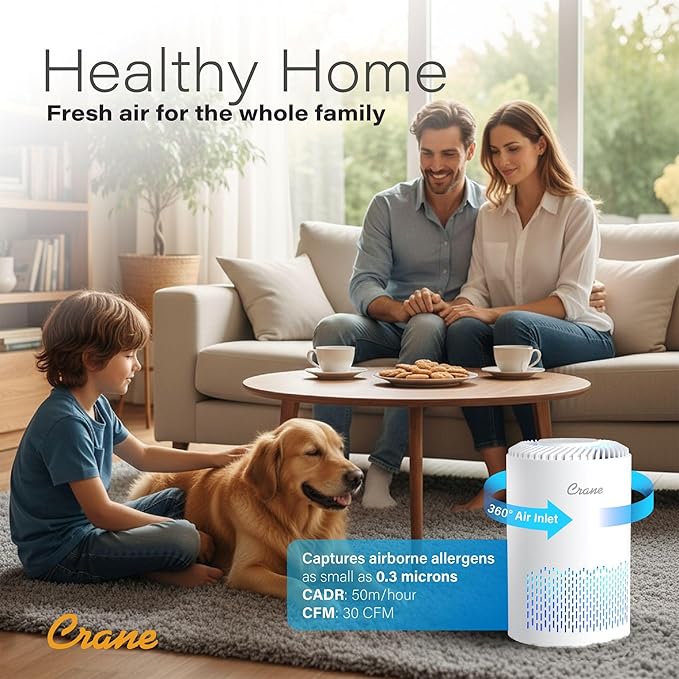 Crane True HEPA Air Purifier for Home, Bedroom, and Dorm Room, Up To 150 Sq Ft Small Air Purifier for Dust, Smoke, Dander, Bedroom Essentials, Features 4-8 Hour Timer, Night Light, Aroma Tray