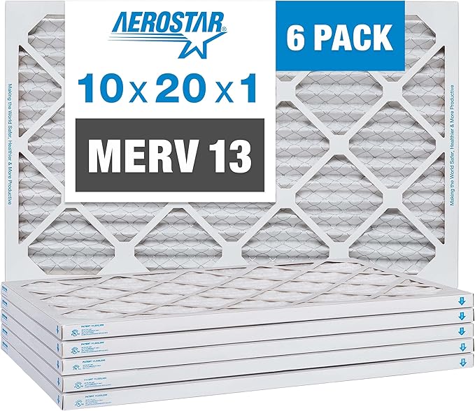 Aerostar 10x20x1 MERV 13 Pleated Air Filter, AC Furnace Air Filter, 6 Pack (Actual Size: 9 1/2" x 19 1/2" x 3/4")