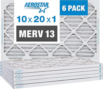 Aerostar 10x20x1 MERV 13 Pleated Air Filter, AC Furnace Air Filter, 6 Pack (Actual Size: 9 1/2" x 19 1/2" x 3/4")