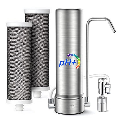 LCF Alkaline Countertop Water Filter, 𝐒𝐢𝐥𝐯𝐞𝐫 𝐈𝐨𝐧𝐬 Enhanced 6-Stage Stainless Steel Water Filter for Sink Faucet, Reduces Heavy Metals, Bad Taste & 99% Chlorine, 16,000 Gallons(2 Filters)