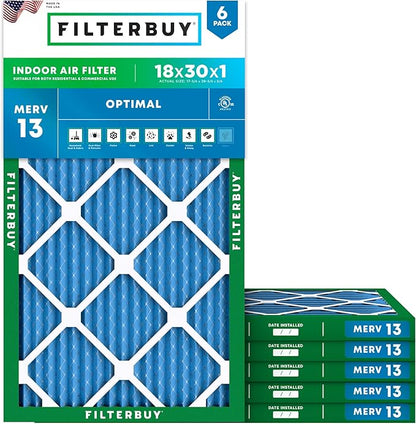 Filterbuy 18x30x1 Air Filter MERV 13 Optimal Smoke & Allergy Defense (6-Pack), Electrostatic Pleated HVAC AC Furnace Filters Replacement, Made in USA (Actual Size: 17.75 x 29.75 x 0.75)