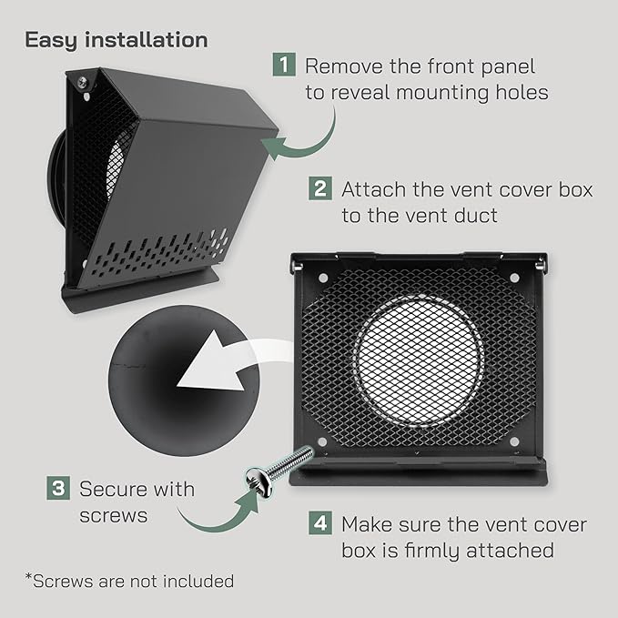 Vent Systems 4" Inch Air Supply Vent Cover with Rubber Gasket - Graphite Black Galvanized Steel - Robust Weatherproof Outdoor Air Intake Box - Duct or Surface Mounting - Rain and Snow Protection
