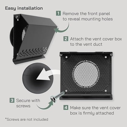 Vent Systems 4" Inch Air Supply Vent Cover with Rubber Gasket - Graphite Black Galvanized Steel - Robust Weatherproof Outdoor Air Intake Box - Duct or Surface Mounting - Rain and Snow Protection