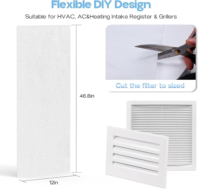 6 Packs Air Vent Filter 12x46inch Electrostatic Filter Media with Adhesive Tape for Air Vent, Air Conditioner, HVAC, Registers and Grilles, totall 12x276inch