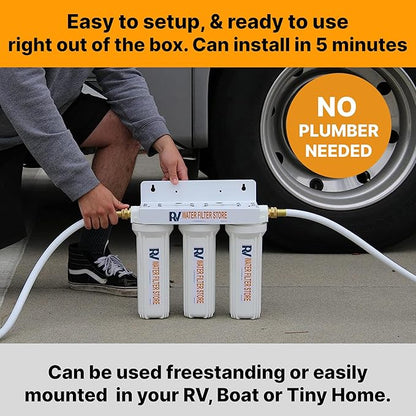 Enhanced RV Water Filter System – Triple Canister Filtration for Iron, Heavy Metals, & Sediment – 0.5 Micron Carbon Block – Ideal for RVs, Motorhomes, and Travel Trailers Remove Red Stains, High Flow