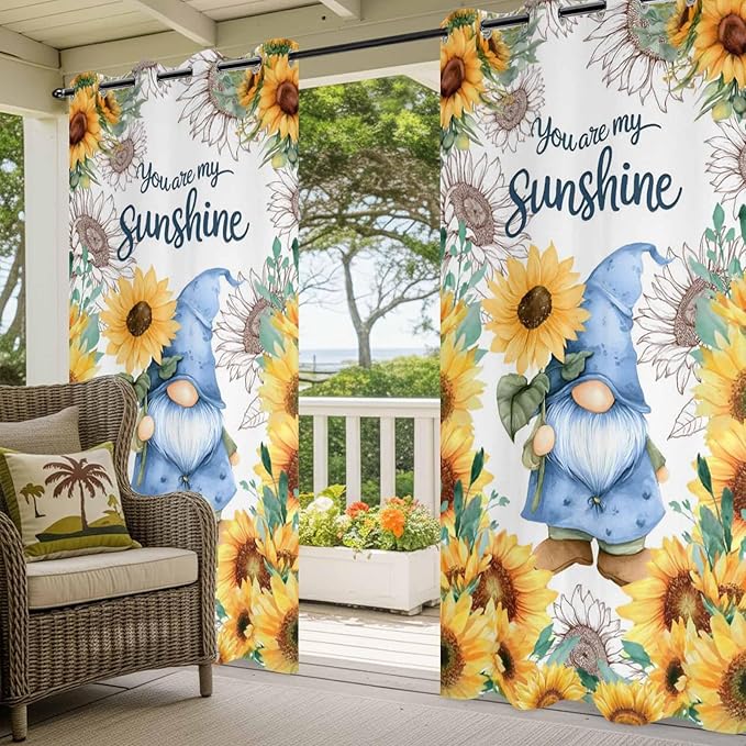Summer Outdoor Curtains for Patio Sunflowers Gnome Eucalyptus Leaves Waterproof Outside Curtains with Grommet Top Weatherproof Curtain for Cabana Pergola Gazebo, 2 Pack, 54" W x 84" L