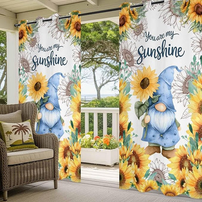 Summer Outdoor Curtains for Patio Sunflowers Gnome Eucalyptus Leaves Waterproof Outside Curtains with Grommet Top Weatherproof Curtain for Cabana Pergola Gazebo, 2 Pack, 54" W x 84" L