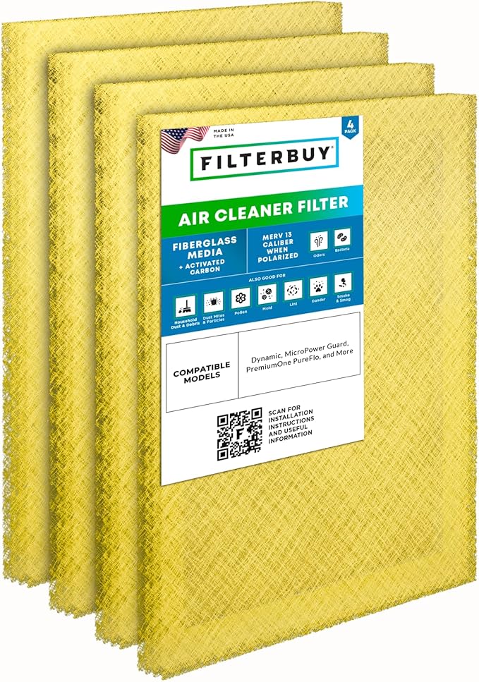 Filterbuy 18x20 Air Cleaner Filter Replacement Pads with Activated Carbon for Dynamic, Micropower Guard, PremierOne PureFlo P6100 MS-1625, and More (4-Pack)