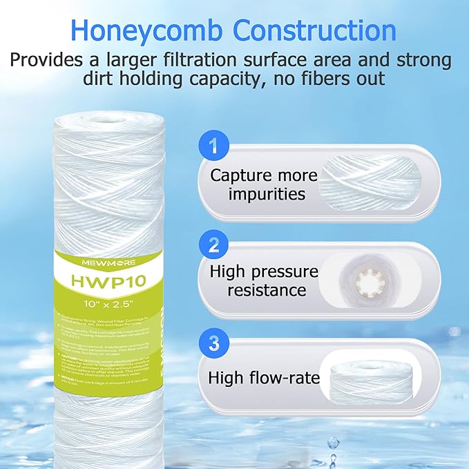 5 Micron Whole House Water Filter Cartridge, String Wound Sediment Filters for Well Water, Universal Replacement for Any 10 inch RO Unit - 10" x 2.5" Cartridges - Pack of 6