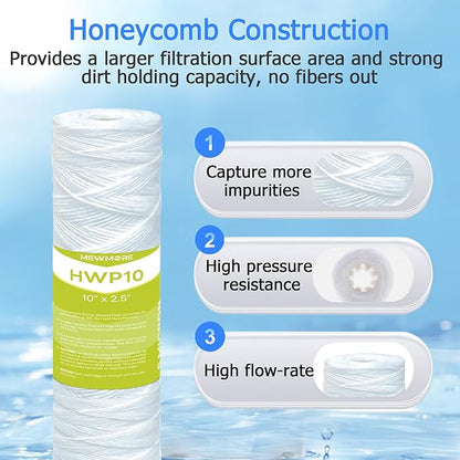 5 Micron Whole House Water Filter Cartridge, String Wound Sediment Filters for Well Water, Universal Replacement for Any 10 inch RO Unit - 10" x 2.5" Cartridges - Pack of 6