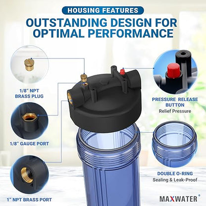 Max Water Whole House Water Filter Housing, Fits 20" x4.5" Big Filter Blue Pre-Filtration System for Well and City Water, 1 inch NPT Ports with Wrench and Bracket (Clear Housing)