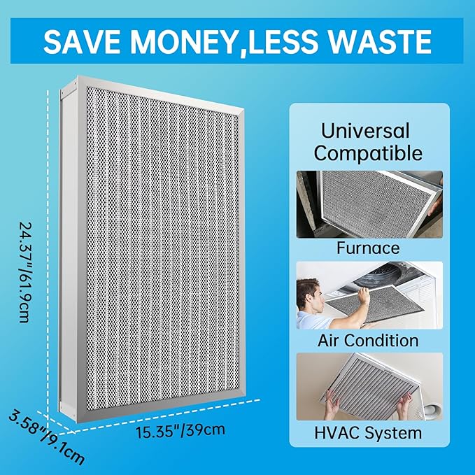 UBeesize 16x25x4 Reusable Air Filter - Washable, MERV 8,Permanent, Electrostatic - Lasts a Lifetime - Enjoy Fresher Air in Home and Office HVAC AC Furnace Systems(Actual Size:15.35x24.37x3.58Inch)
