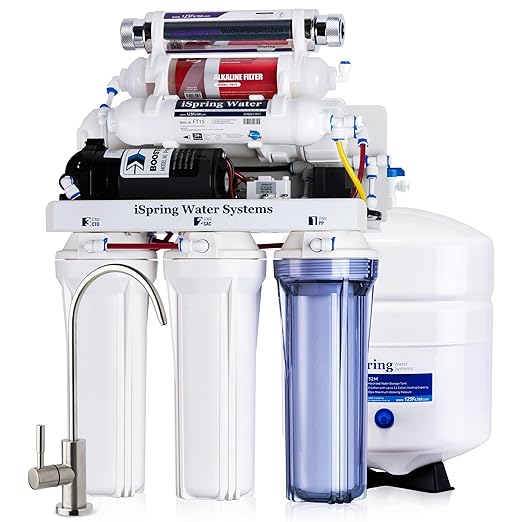 iSpring RCC1UP-AK, 100 GPD 7-Stage Reverse Osmosis Under Sink Water Filtration System with Boost Pump, Alkaline Remineralization and UV Filter, Patented Top-Mounted Faucet Design for Easy Installation