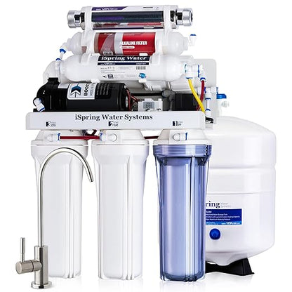 iSpring RCC1UP-AK, 100 GPD 7-Stage Reverse Osmosis Under Sink Water Filtration System with Boost Pump, Alkaline Remineralization and UV Filter, Patented Top-Mounted Faucet Design for Easy Installation
