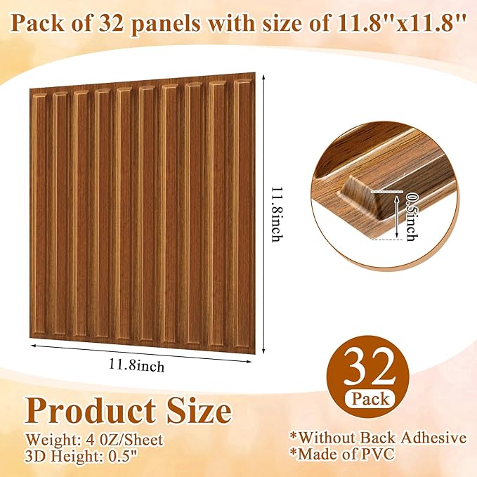 Nuanchu 32 Pcs 3D Slat Wall Panels 12 x 12 Inch PVC Fluted Textured Panel Cuttable Paintable DIY Wall Art Decorative Tiles for Ceiling Studio Bathroom Interior TV Background (Teak Grain)