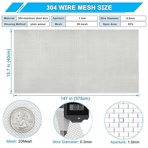 Stainless Steel Mesh Screen 20Mesh 304, 15.7" x 147" (40x375cm) Metal Mesh Screen, Rust Free Fine Wire Mesh Roll, 1mm Hole Easy to Cur For Vent Mesh, Window Screen, Filters, Cage, Garden Covers