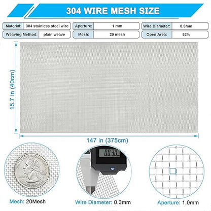 Stainless Steel Mesh Screen 20Mesh 304, 15.7" x 147" (40x375cm) Metal Mesh Screen, Rust Free Fine Wire Mesh Roll, 1mm Hole Easy to Cur For Vent Mesh, Window Screen, Filters, Cage, Garden Covers