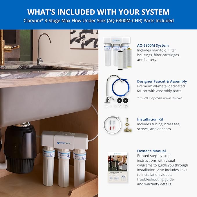 Aquasana Under Sink Water Filter | 3-Stage Max Flow Filtration | Certified to Reduce up to 99.99% of PFAS, Lead, Chlorine, & More | Under Counter Drinking Water Filter | Chrome Faucet | AQ-6300M-CHR