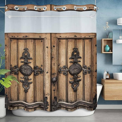 Wood Barn Door No Hook Shower Curtain with Snap in Liner Set, Waterproof Shower Curtains for Bathroom, Wooden Plank Fabric Shower Curtain, See Through Mesh Top Window, 72" W x 72" L