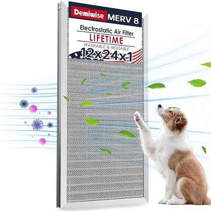 12x24x1 Electrostatic Air Filter, MERV 8 Reusable Aluminum AC/HVAC Furnace Filter,Washable Lifetime Permanent Air Filter,Easy to Clean,Increases Airflow(Actual Size:11.38x23.38x0.82)