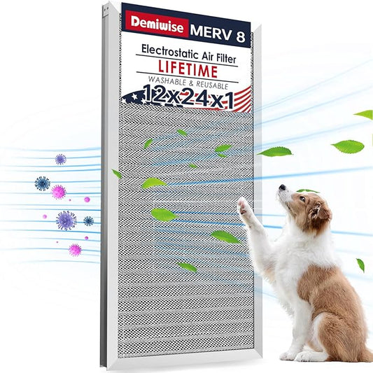 12x24x1 Electrostatic Air Filter, MERV 8 Reusable Aluminum AC/HVAC Furnace Filter,Washable Lifetime Permanent Air Filter,Easy to Clean,Increases Airflow(Actual Size:11.38x23.38x0.82)