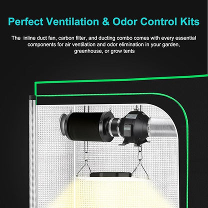 MELONFARM Air Filtration Kit, 4" 190 CFM Inline Duct Fan with Speed Controller, 12" High Carbon Filter, 8 Ft Ducting & Rubber Coupler, Air Cooling and Filtration Kit for Grow Tent, Hydroponics