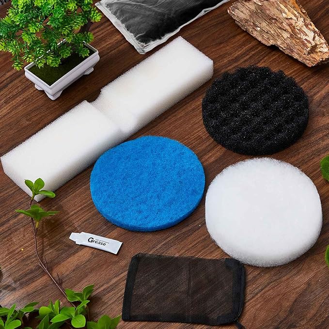 34 Pcs Aquarium Media Replacement Kit Compatible with Fluval Fx4 Fx5 Fx6, Quick Clear/Water Polishing Pads, Foam Pads, Carbon Sponge Filter, Activated Carbon, Silicone Lube, Mesh Bags