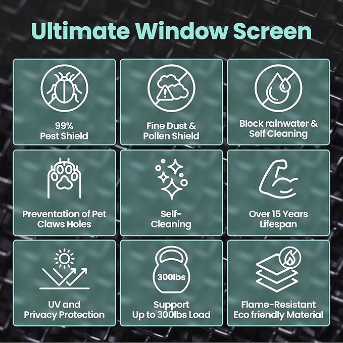 Premium Window Screen DIY KIT 39" 51" Blocks Rain, Pet Scratch, Pollen, Fine Dust 99%, 30Mesh Durable New Material, DIY Tools Included (W39in X L190in)