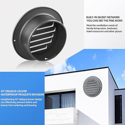 3inch 304 Stainless Steel Air Vents, Louvered Grille Cover Vent Hood Flat Ducting Ventilation Air Vent Wall Air Outlet with Fly Screen Mesh for House (3 inch Black Paint Cover （70mm）)