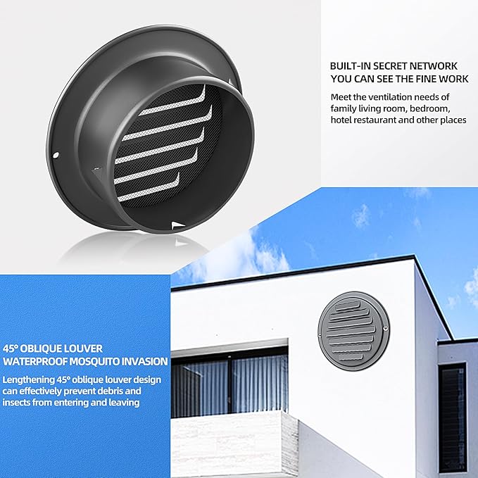 6inch 304 Stainless Steel Air Vents, Louvered Grille Cover Vent Hood Flat Ducting Ventilation Air Vent Wall Air Outlet with Fly Screen Mesh for House (6 inch Black Paint Cover （150mm）)