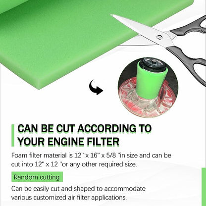 Motorcycle Air Filter Foam - BF-1 BF1 12" X 16" X 5/8" 65-PPI Green Fine Filter Foam, for Most Motorcycle ATV Scooters Dirt Bike UTV