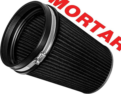 Mortar Aftermarket Auto Air Filter – 6 In Flange ID Car Enthusiast Class Universal Cold Air Intake Gulps in More Air for More Engine Power & Passionate Induction Sound, Length 8 In, Black