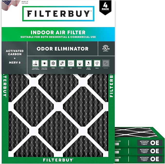 Filterbuy 22x24x1 Air Filter MERV 10 Odor & Allergy Defense with Activated Carbon (4-Pack), Electrostatic Pleated HVAC AC Furnace Filters Replacement, Made in USA (Actual Size: 21.50 x 23.50 x 0.75)
