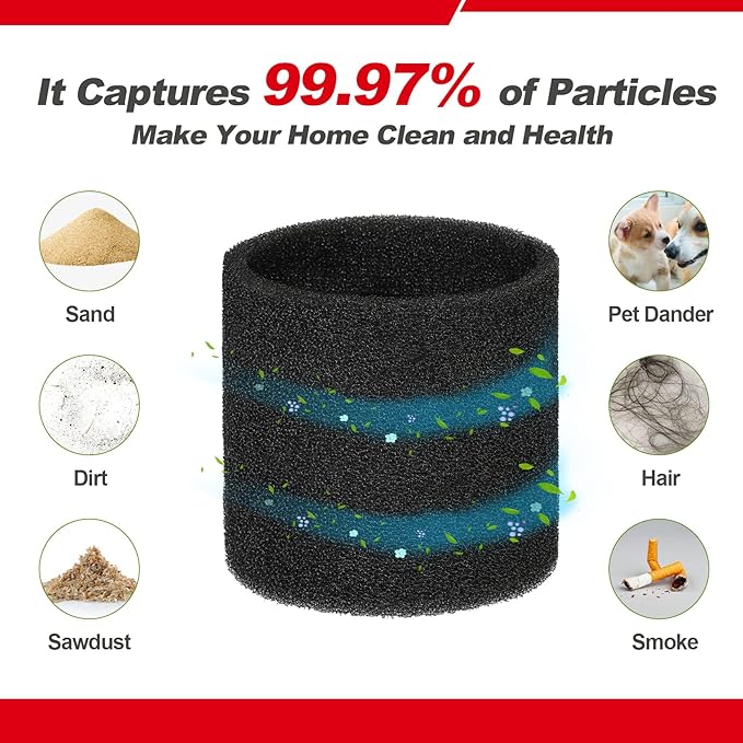 Shop-Vac 90585 Foam Sleeve Filter Replacements for Most Shop-Vac Wet/Dry Vacuum Cleaners 5 Gallon and Above, Replace Parts # 9058500, 5 Pack