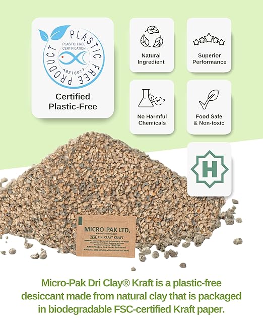 Micro-Pak Dri Clay Kraft, Highest Moisture Absorption Desiccant Packs, Silica Gel Packets Alternative, Food Safe Bentonite Clay, Desiccant Packs for Storage, Moisture Absorbers for Closet, 2gx100pcs