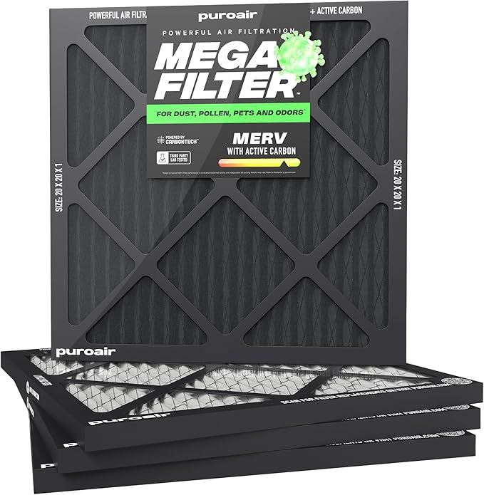 PuroAir MegaFilter - 20x20x1 Air Filter MERV 13 Activated CarbonTech Defense - Heavy Duty 3 Layer Furnace Filters Allergens, Pollen, Dust, Pet Dander, Smoke, Odors - HVAC Air Filter 20x20x1 (4-Pack)
