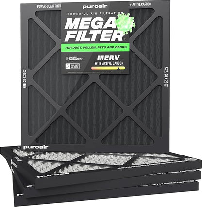 PuroAir MegaFilter - 20x20x1 Air Filter MERV 13 Activated CarbonTech Defense - Heavy Duty 3 Layer Furnace Filters Allergens, Pollen, Dust, Pet Dander, Smoke, Odors - HVAC Air Filter 20x20x1 (4-Pack)