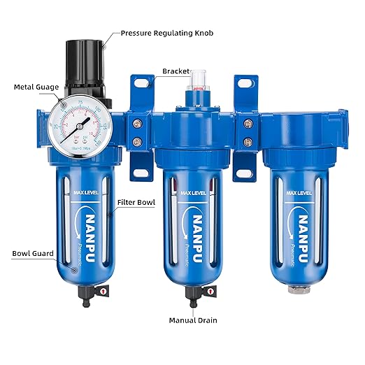 NANPU Zinc Alloy 3 Stage Air System - Particulate Filter, Coalescing Filter, Desiccant Dryer & Air Regulator, Poly Bowl, Manual Drain, Mid Flow, Suitable for Paint Spray & Plasma Cutter (3/8" NPT)