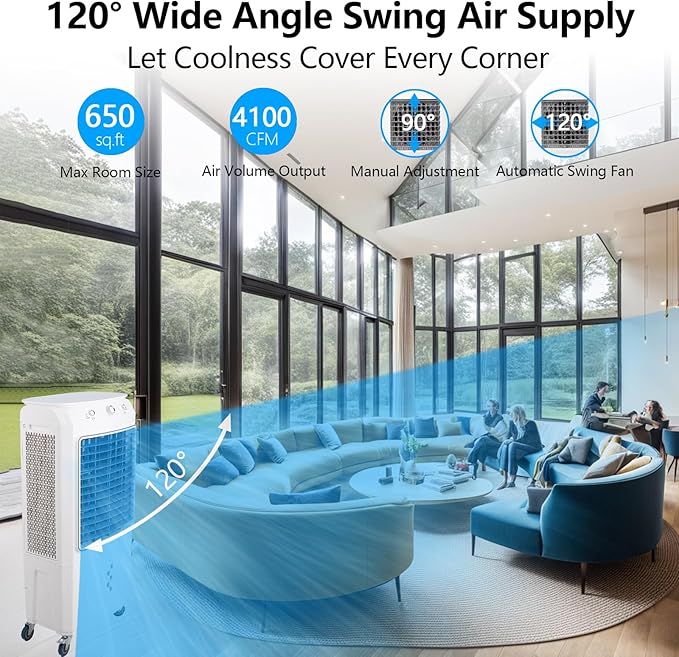GarveeHome 4100 CFM Evaporative Air Cooler, Swamp Cooler with Remote Control and 4 Ice Packs, 3 Wind Speeds and Modes, Air Cooler for Outdoor/Indoor Use, 15.8 gal
